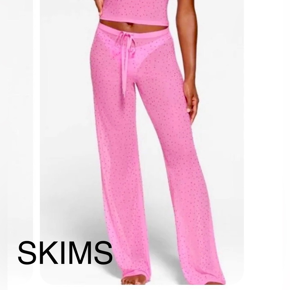 SKIMS cover up lounge rhinestone mesh wide leg palazzo pants neon pink XL
